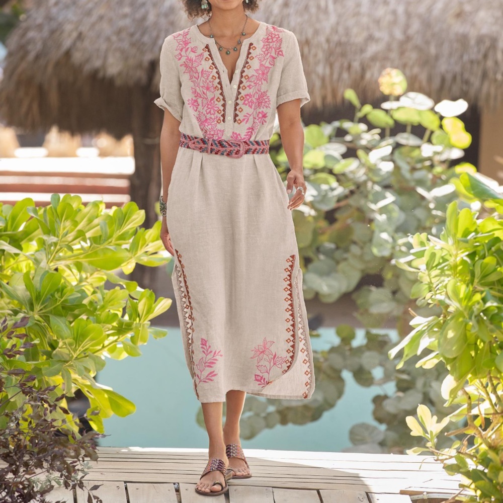 Sundance Cream and Pink Embroidered Dress